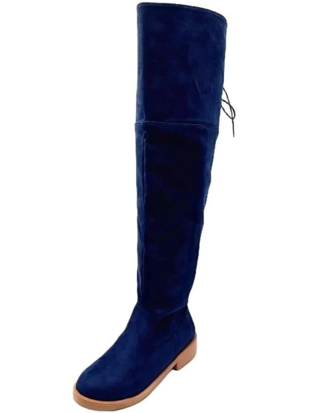 Women's Navy Blue Faux Suede Back Lace Wide Calf Over-the-Knee Thigh-High Boots